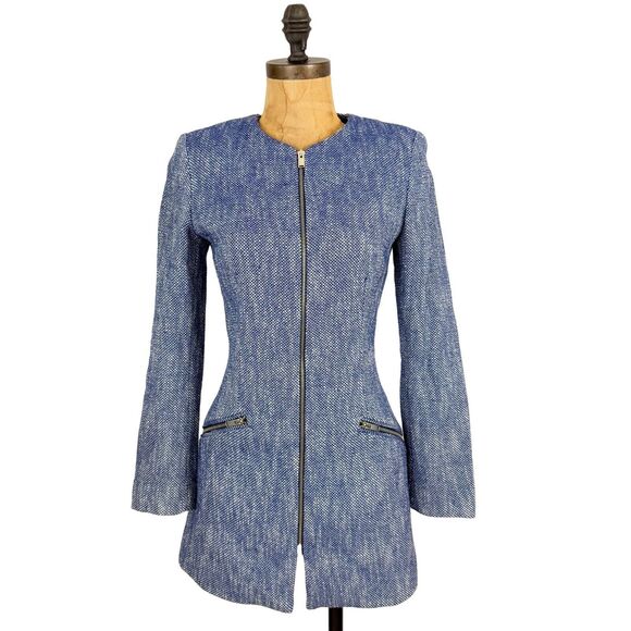 ZARA BASICS Collarless Full Zip Suit Blazer US S Blue Tweed Business Attire B50 - Picture 1 of 5